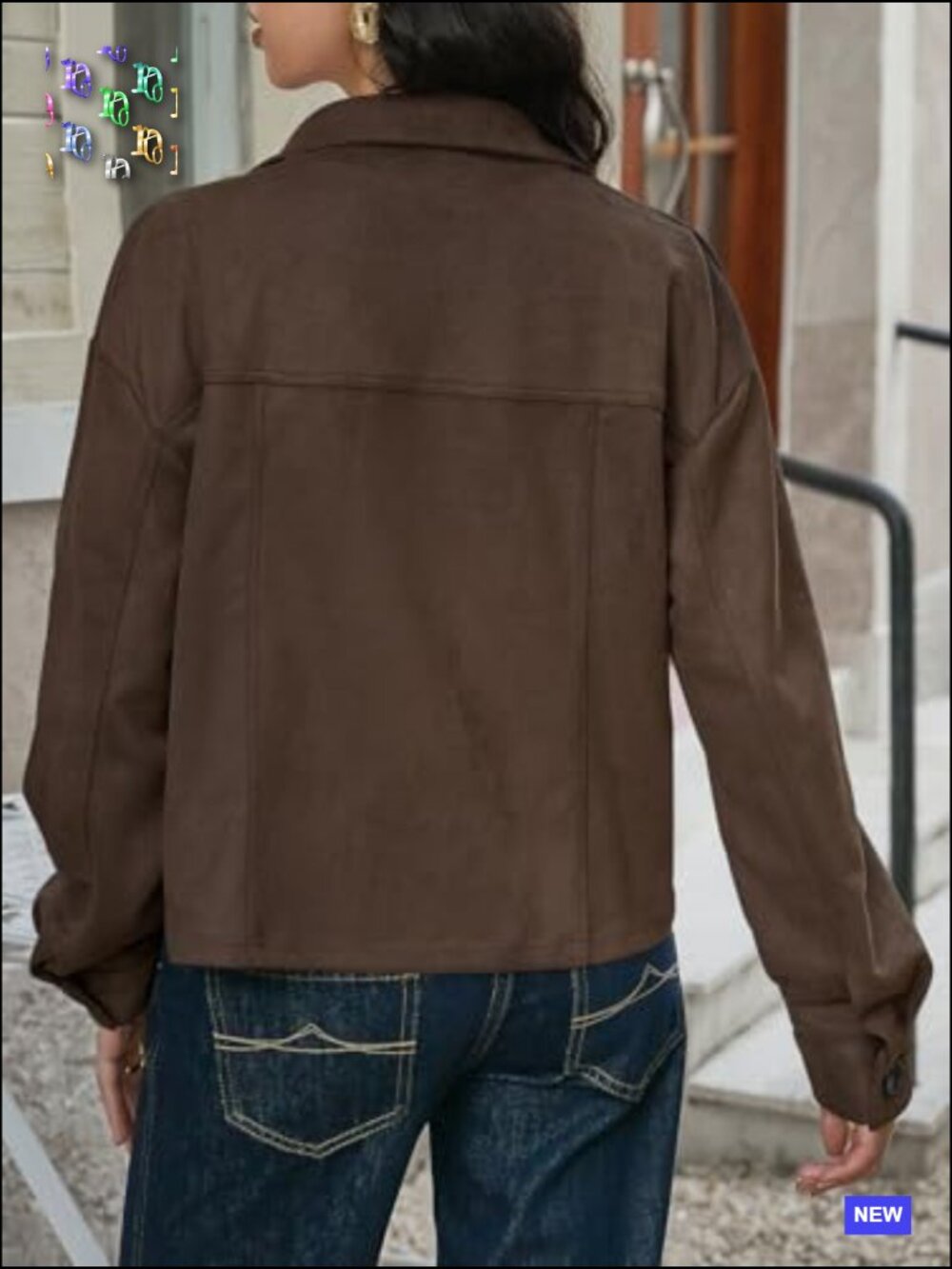 Cropped Faux Suede Jacket Lapel Collar Button Down Short Coat Fall Winter - Picture 4 of 6